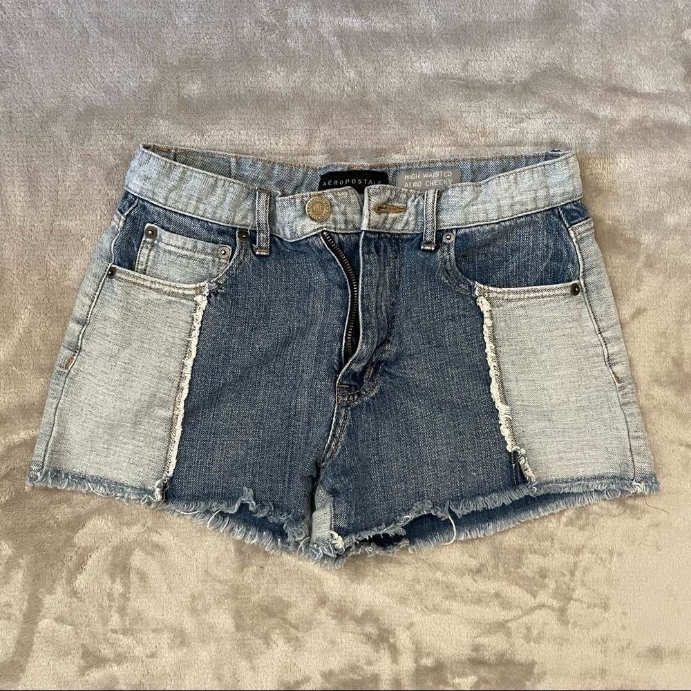 Aeropostale High Waisted Aero Cheeky Two-Tone Denim Jean Shorts Fringe Cotton